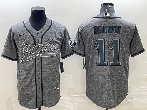 Men's Philadelphia Eagles #11 A. J. Brown Gray With Patch Cool Base Stitched Baseball Jersey